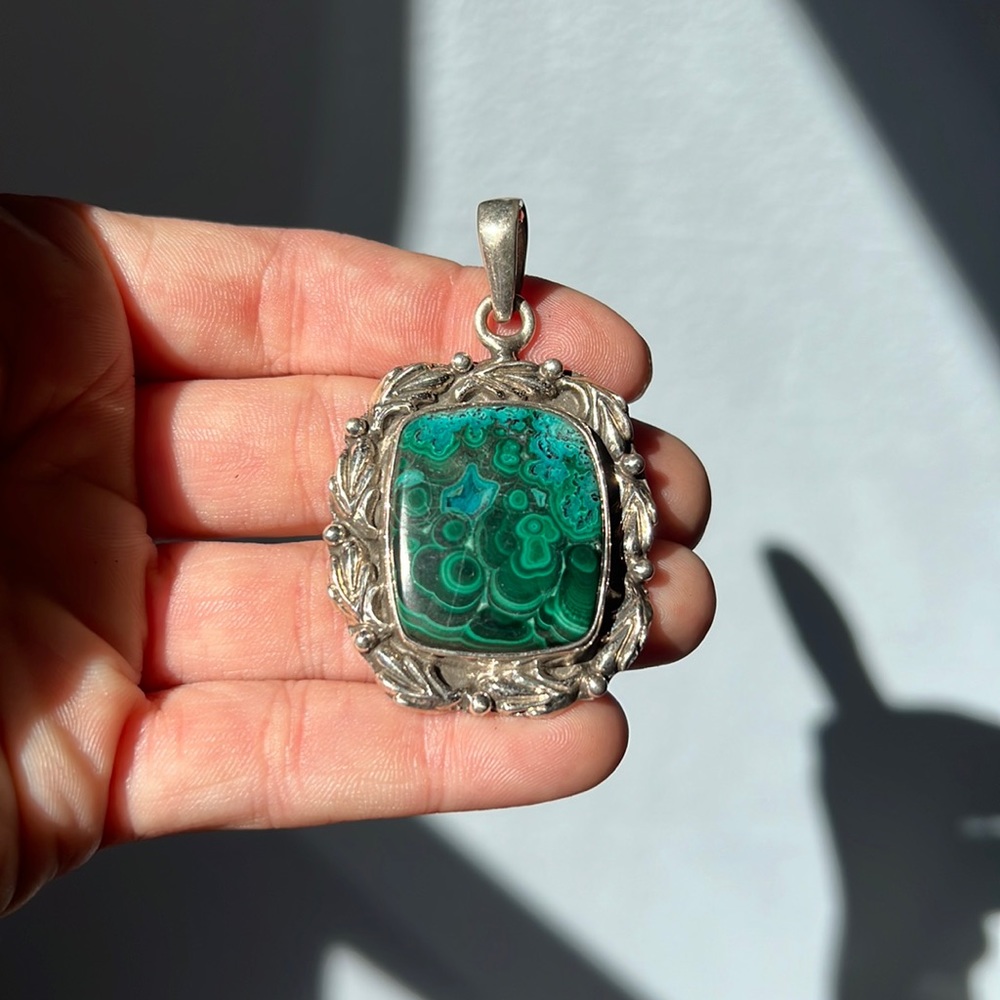 Sterling Silver 925 Malachite Chrysocolla XL Large Heavy Handmade Unique Pendant